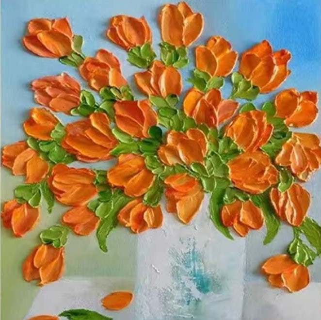 Olieverfschilderij Oranje Tulpen in Glazen Vaas Schilderen op Nummers