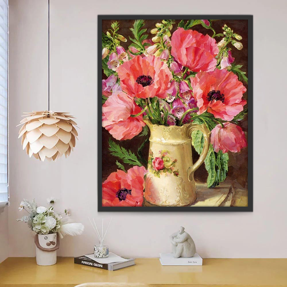Olieverfschilderij Stijl elegante Vaas en Roze Bloemen Schilderen op Nummers