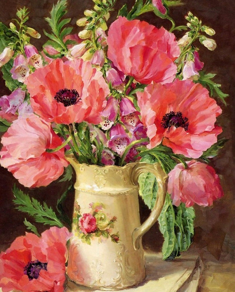 Olieverfschilderij Stijl elegante Vaas en Roze Bloemen Schilderen op Nummers