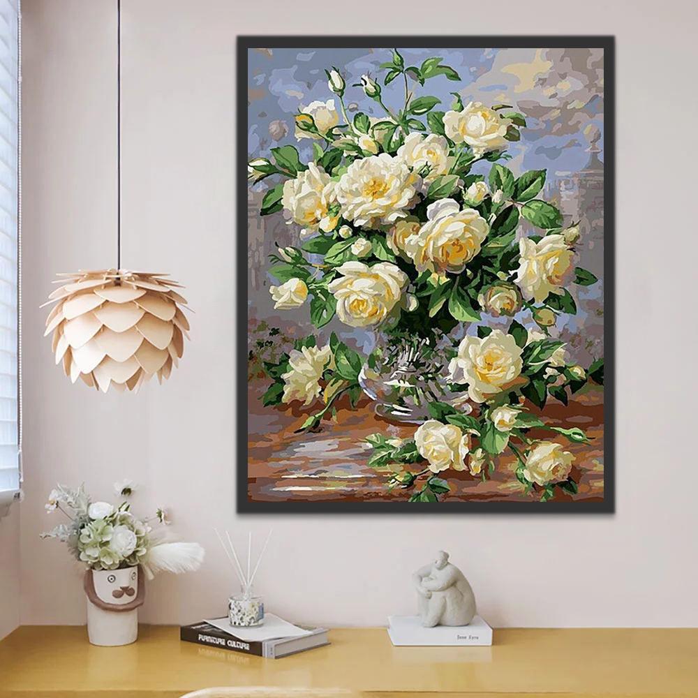 Olieverfschilderij stijl gele witte rozen Schilderen op Nummers