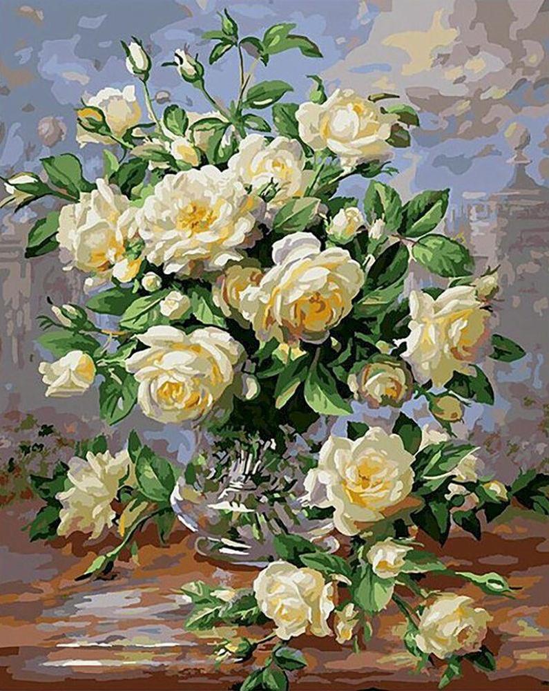 Olieverfschilderij stijl gele witte rozen Schilderen op Nummers