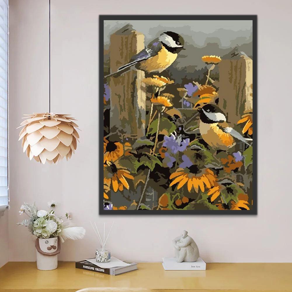 Olieverfschilderij Vogels en Bloemen Schilderen op Nummers