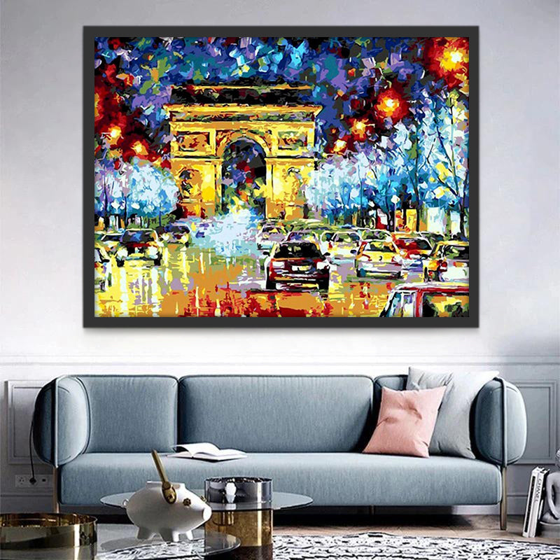 Olieverfstijl Straatbeeld van de Arc de Triomphe in Parijs bij Nacht Schilderen op Nummers