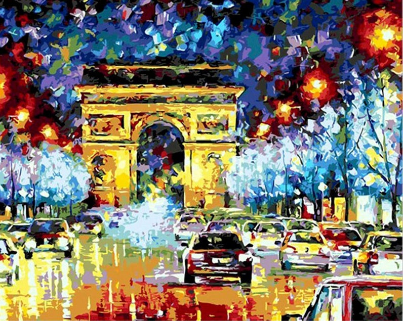 Olieverfstijl Straatbeeld van de Arc de Triomphe in Parijs bij Nacht Schilderen op Nummers