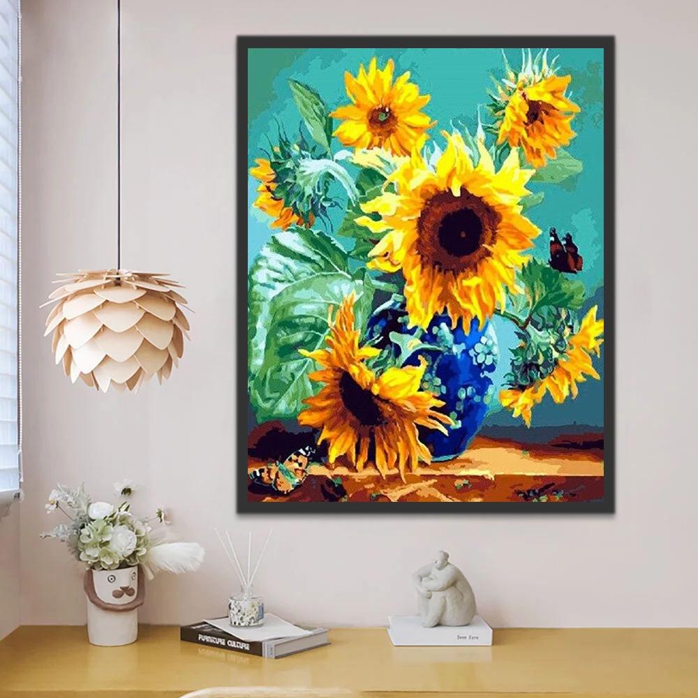 Olieverfstijl Vlinders en Zonnebloemen op een Groene Achtergrond Schilderen op Nummers