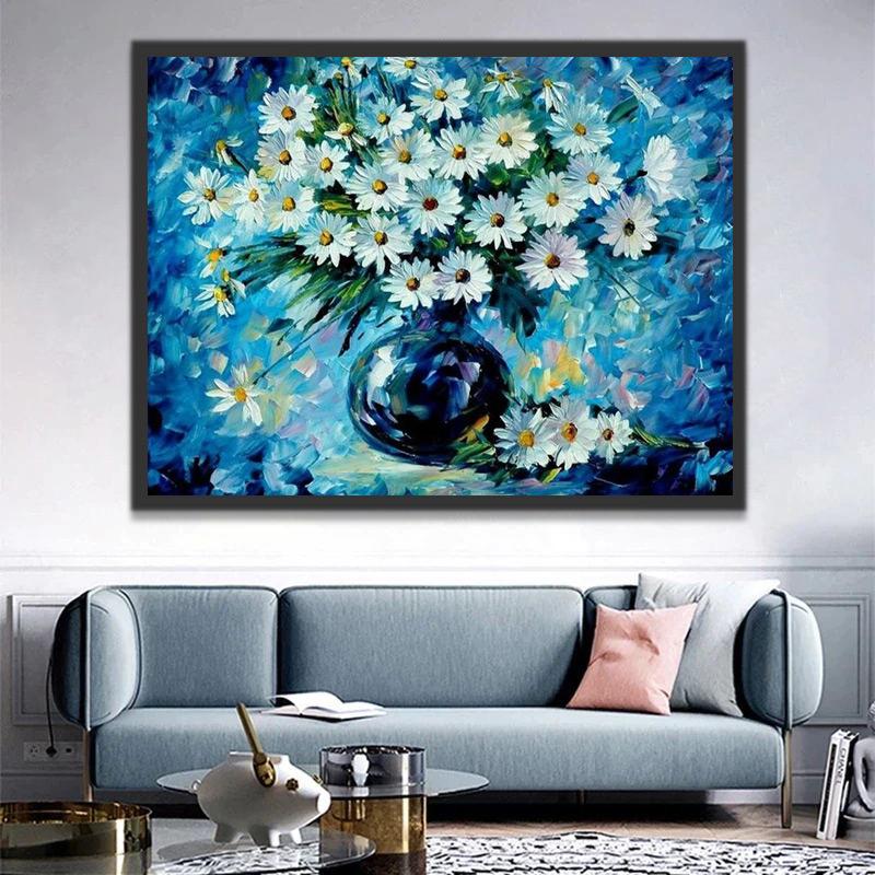 Olieverfstijl Witte Chrysanten tegen een Blauwe Achtergrond Schilderen op Nummers