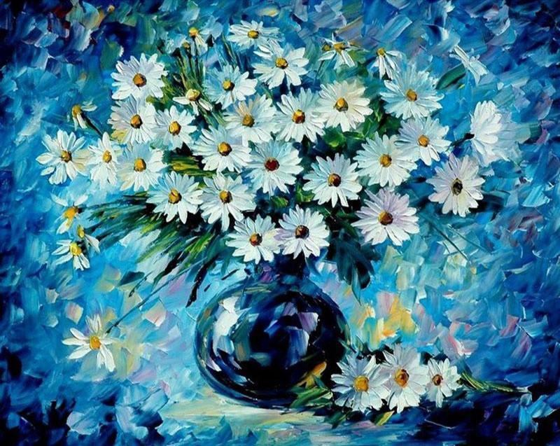 Olieverfstijl Witte Chrysanten tegen een Blauwe Achtergrond Schilderen op Nummers