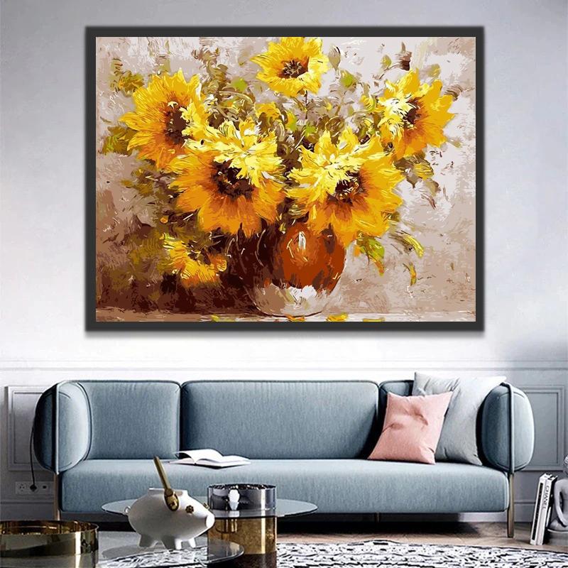 Olieverfstijl Zonnebloemen in Bruine Vaas Schilderen op Nummers