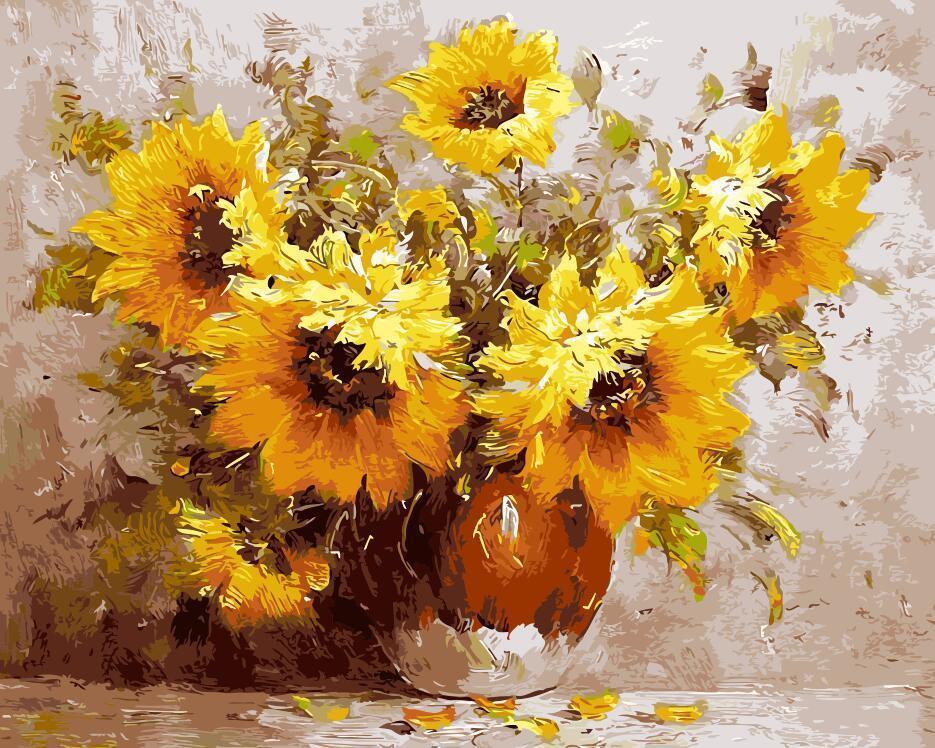 Olieverfstijl Zonnebloemen in Bruine Vaas Schilderen op Nummers