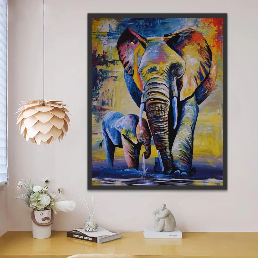Olifant en Babyolifant aan het Water Schilderen op Nummers