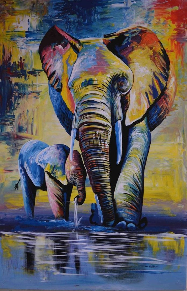 Olifant en Babyolifant aan het Water Schilderen op Nummers