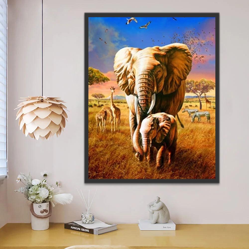 Olifant en Babyolifant in het Grasland Schilderen op Nummers