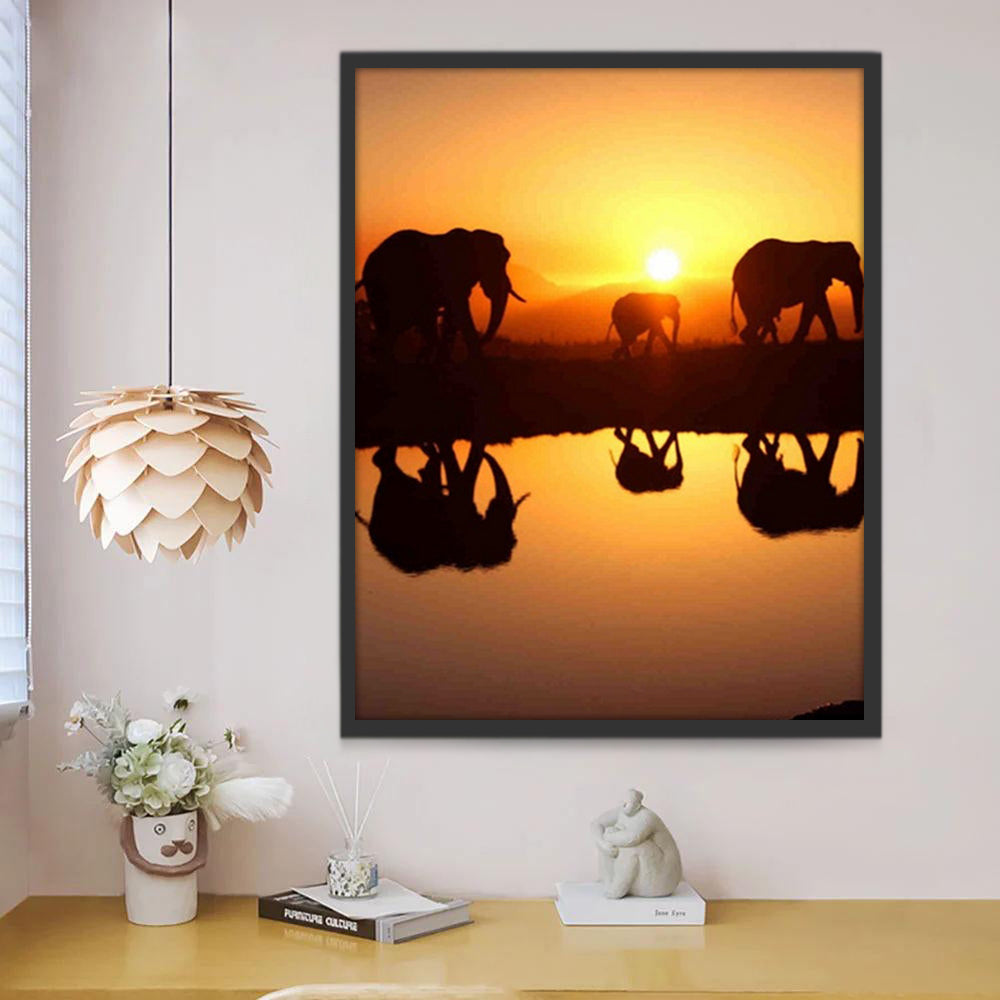 Olifantenfamilie bij Zonsondergang Schilderen op Nummers