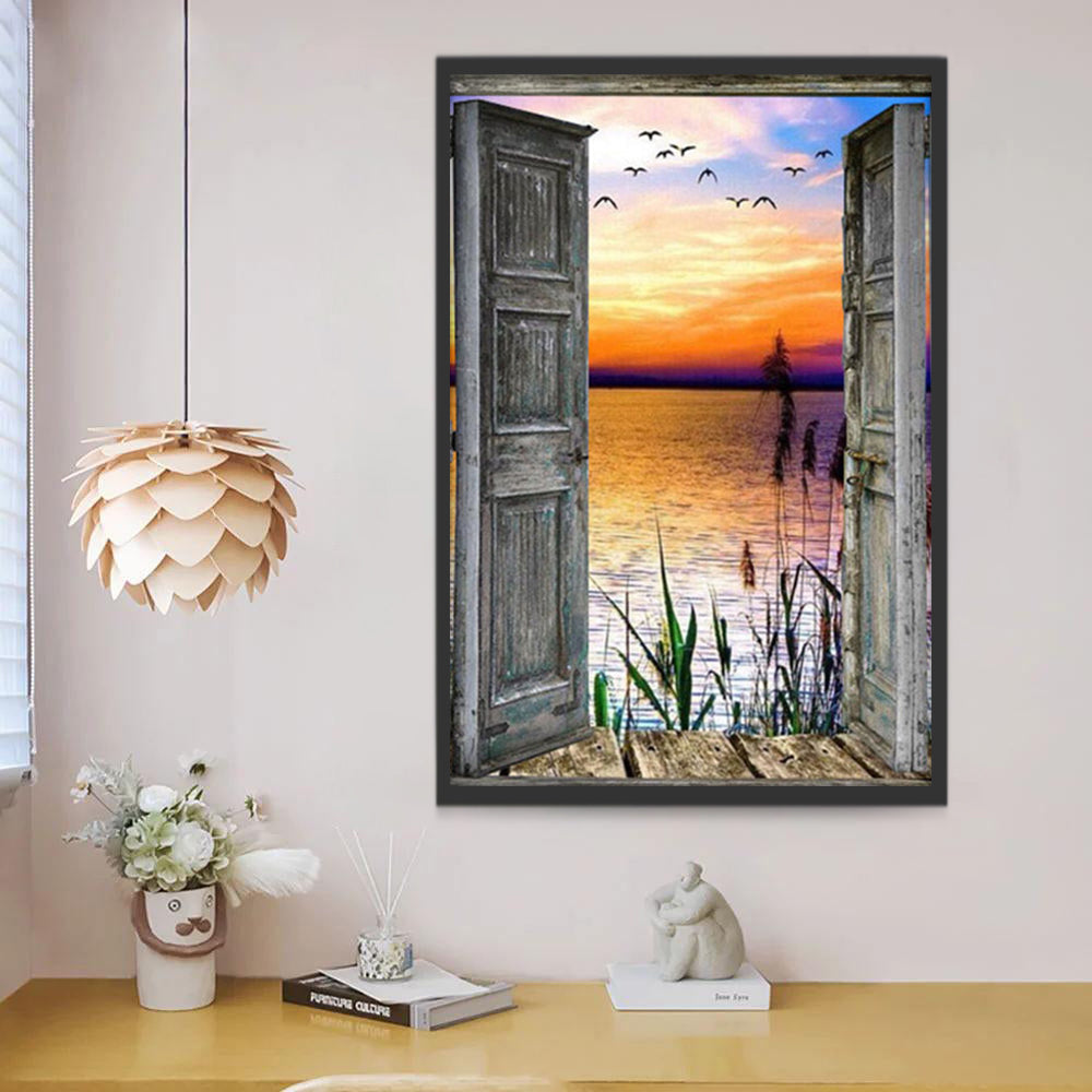Open Deuren met Uitzicht op een Zonsondergang over Zee Schilderen op Nummers