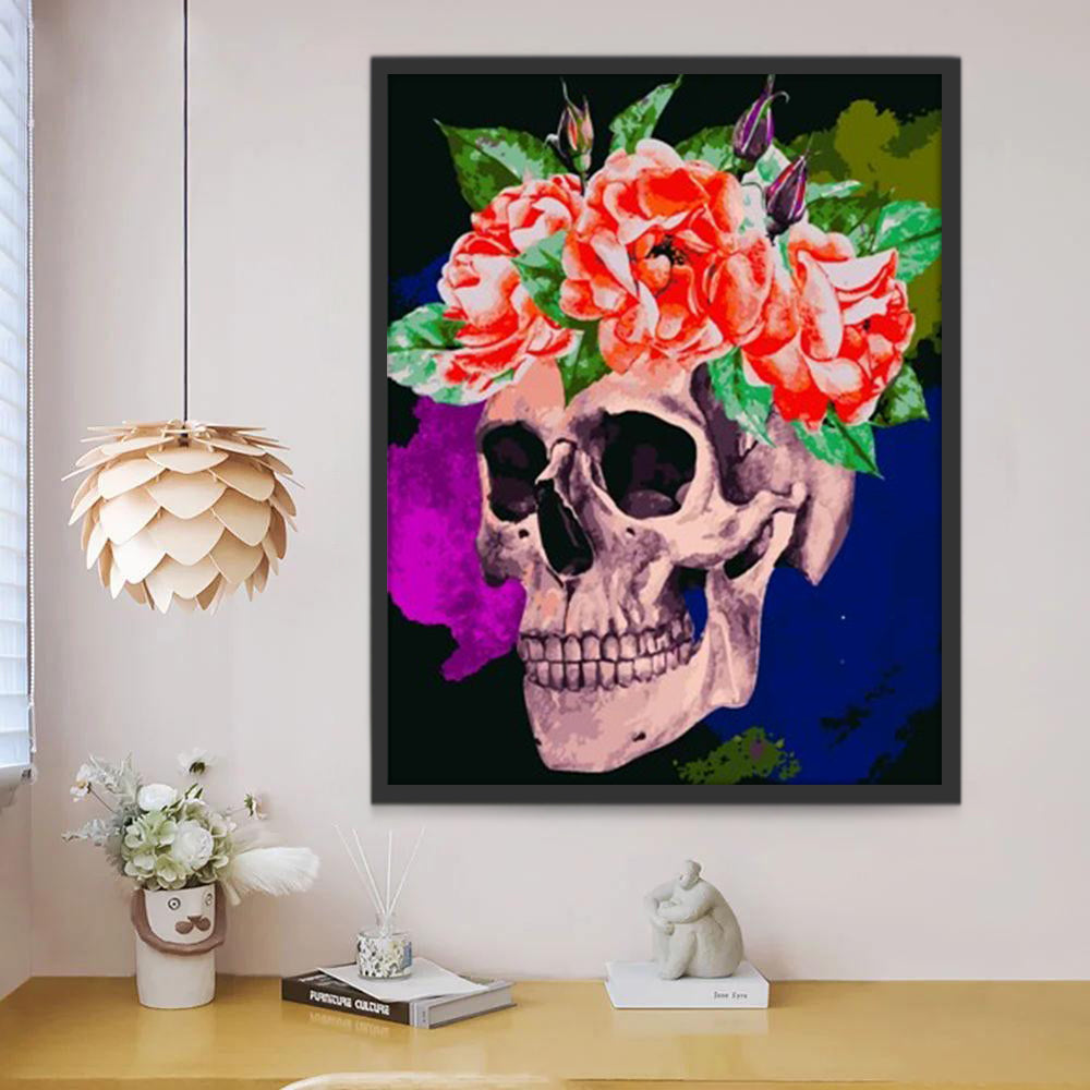Oranje Bloemen op Doodshoofd Schilderen op Nummers