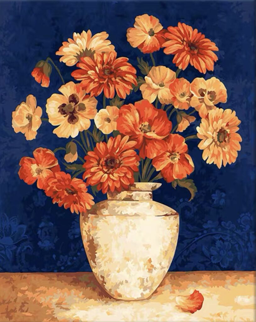 Oranje Chrysanten en Klaprozen Schilderen op Nummers
