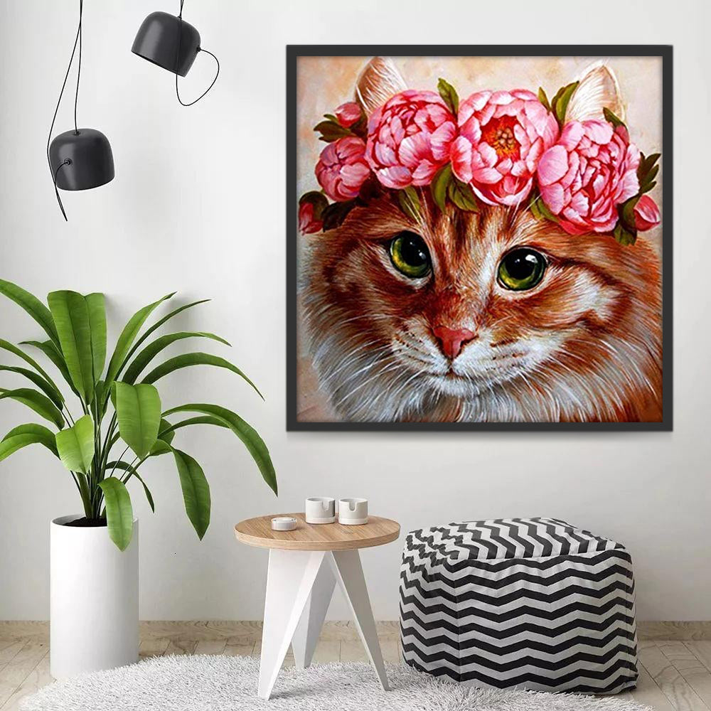 Oranje Kat met Roze Krans Schilderen op Nummers