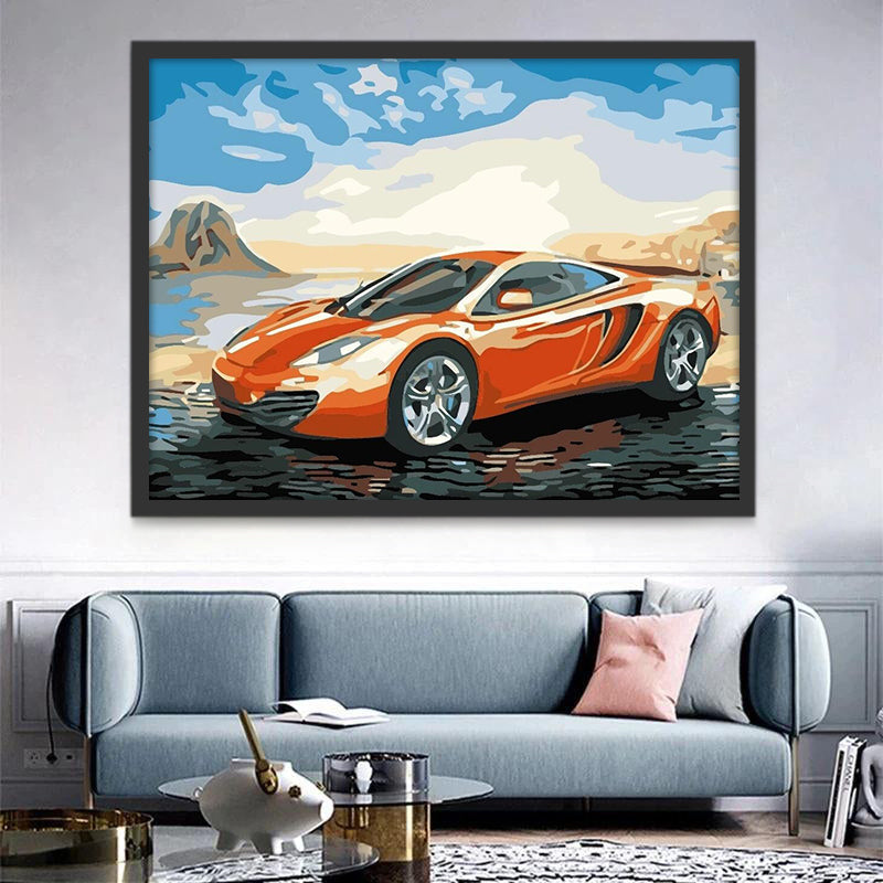 Oranje Sportauto aan het Water Schilderen op Nummers