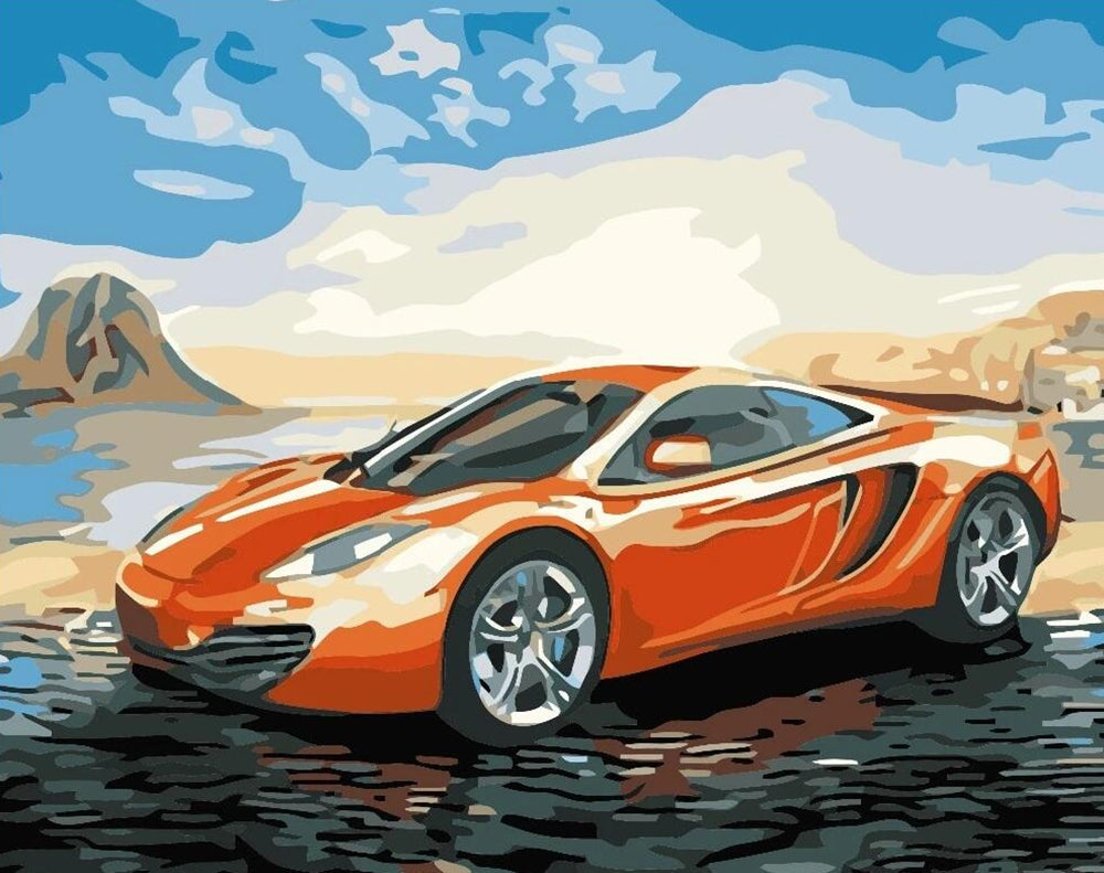 Oranje Sportauto aan het Water Schilderen op Nummers