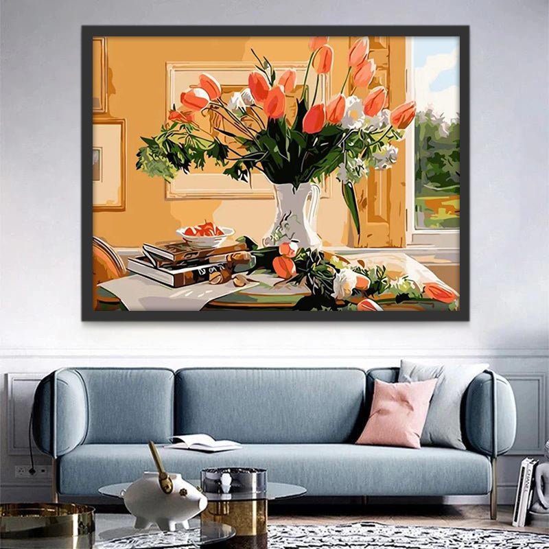 Oranje Tulpen en Witte Bloemen in een Oranje Kamer Schilderen op Nummers