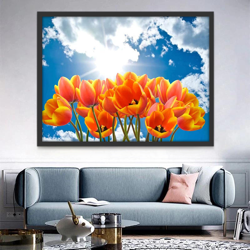 Oranje tulpen onder een blauwe hemel Schilderen op Nummers