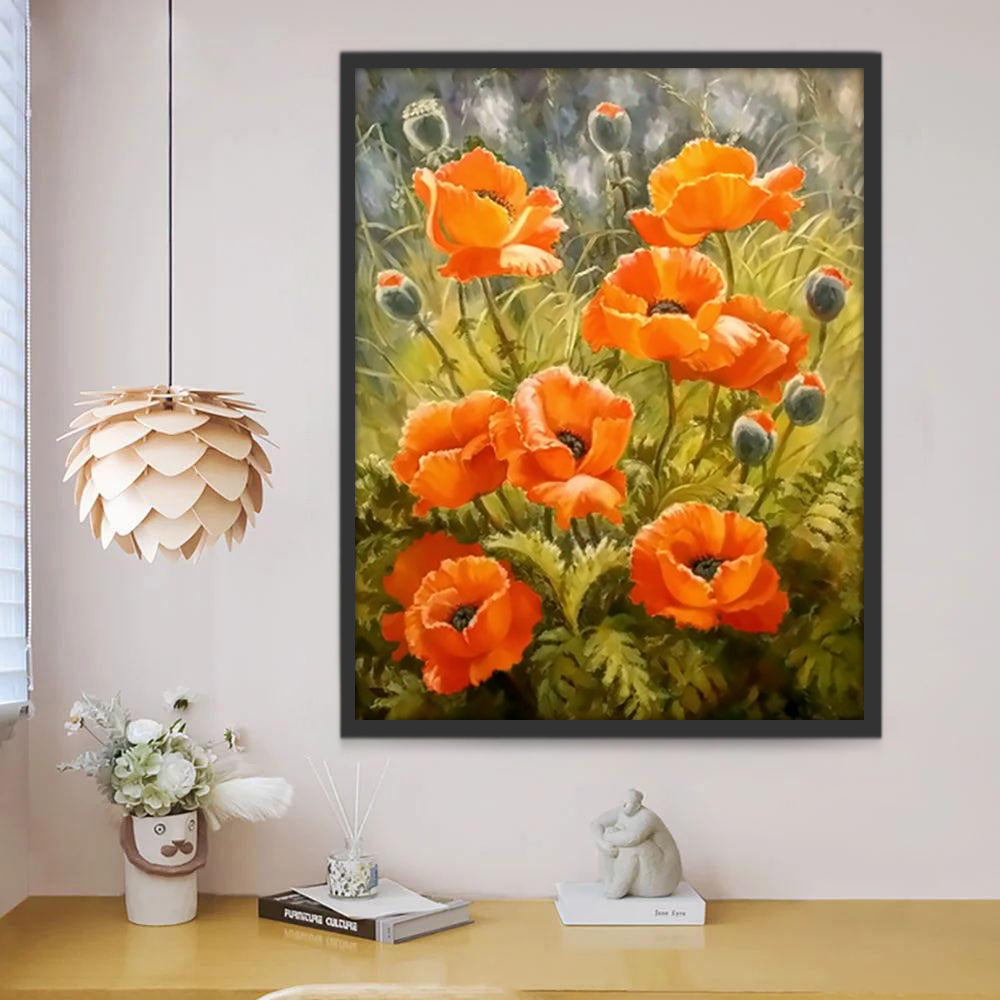 Oranjekleurige bloemen in het gras Schilderen op Nummers