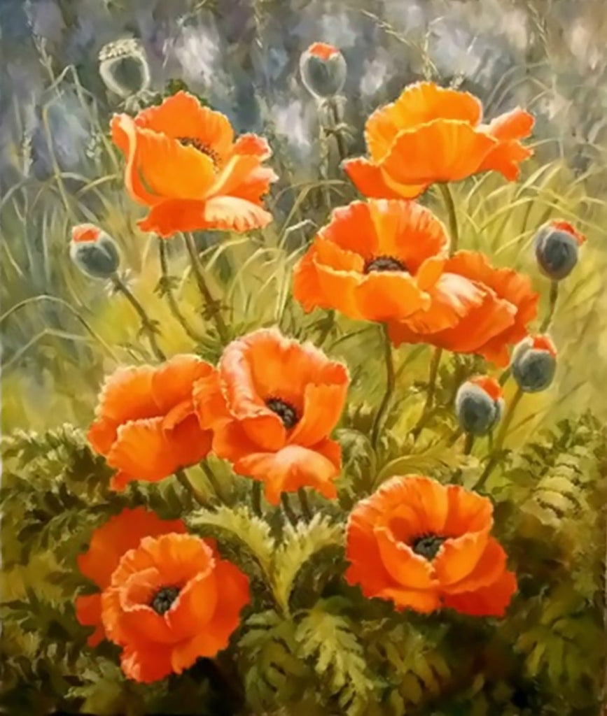 Oranjekleurige bloemen in het gras Schilderen op Nummers