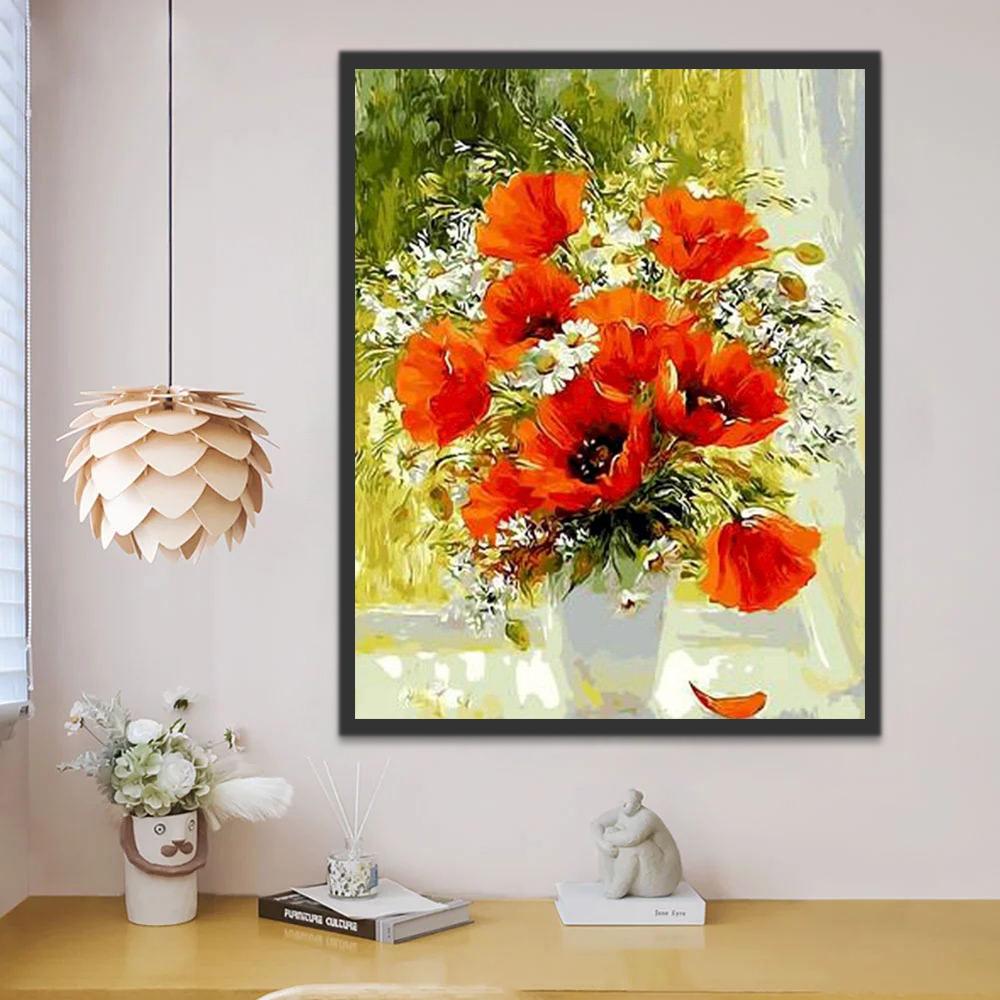 Oranjekleurige bloemen op de vensterbank Schilderen op Nummers