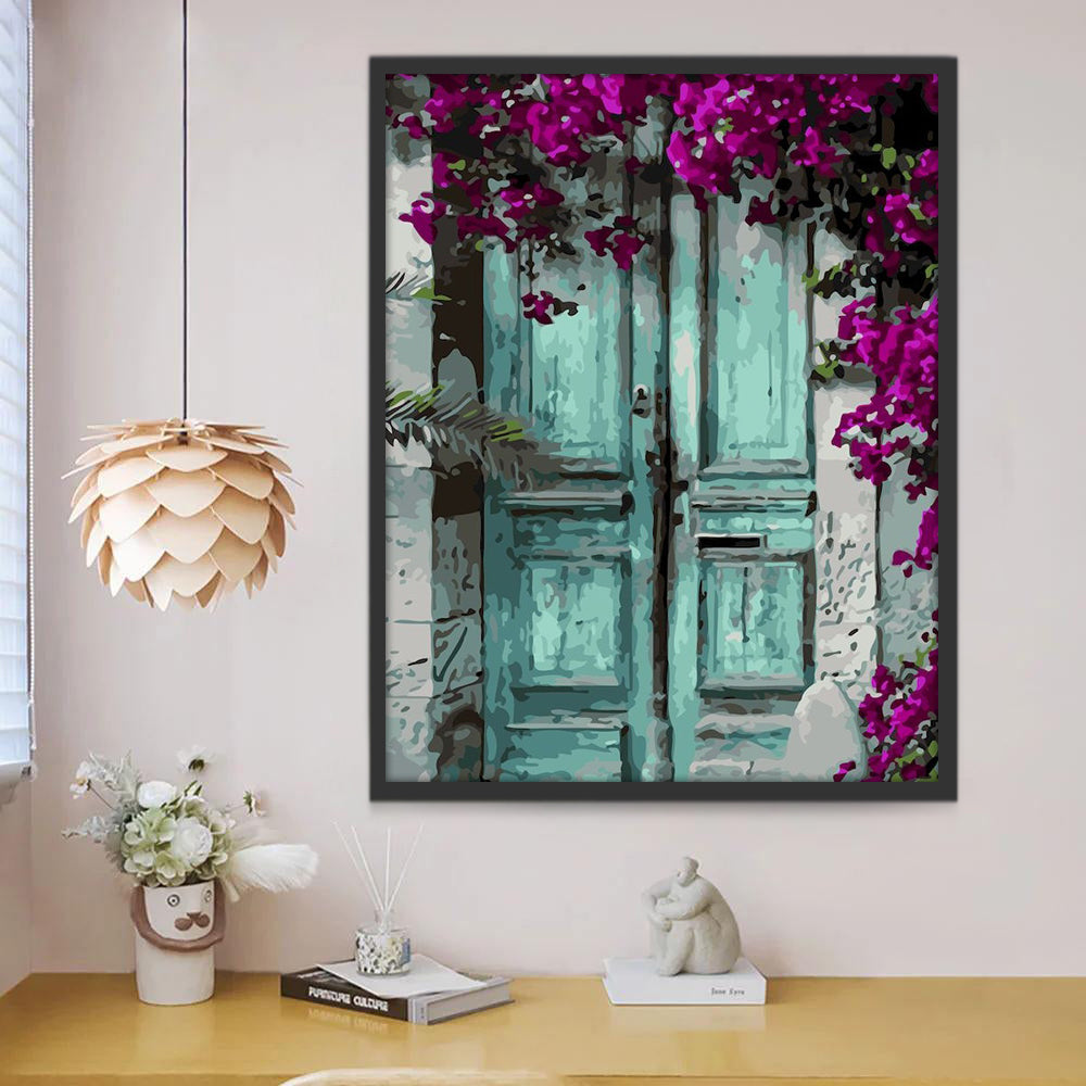 Oude Blauwe Houten Deuren en Paarse Bloemen Schilderen op Nummers