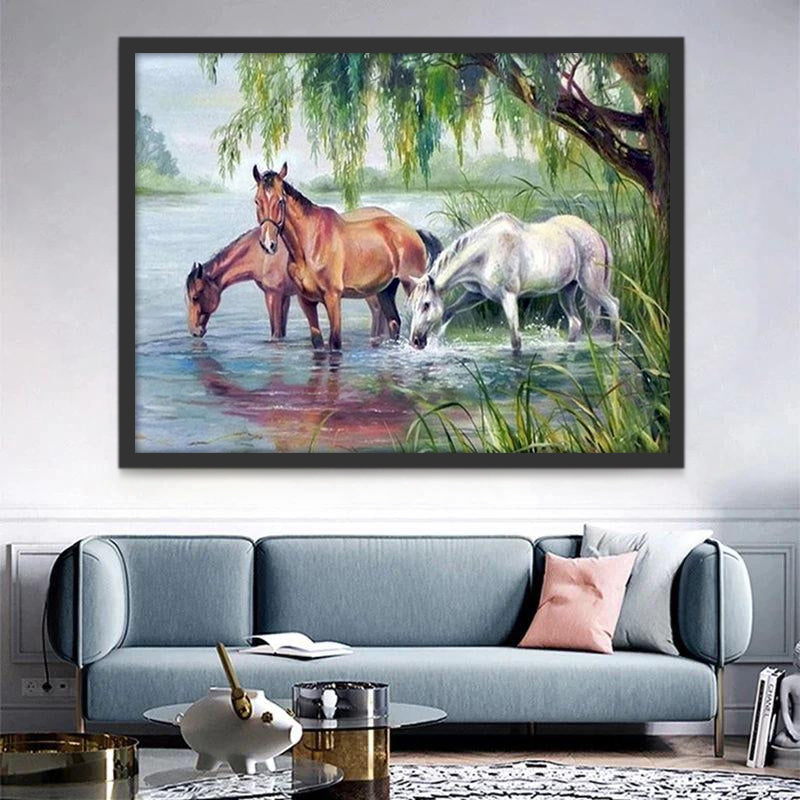 Paarden Drinken bij de Rivier Schilderen op Nummers