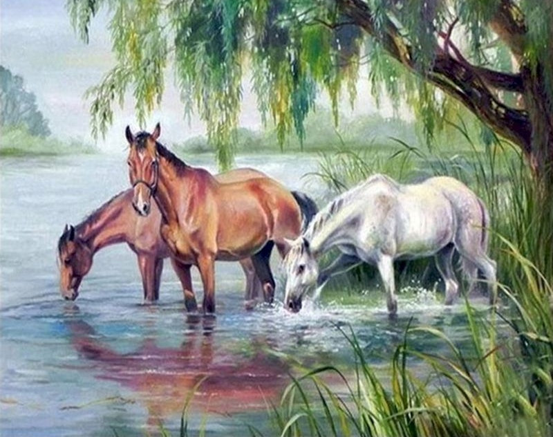 Paarden Drinken bij de Rivier Schilderen op Nummers