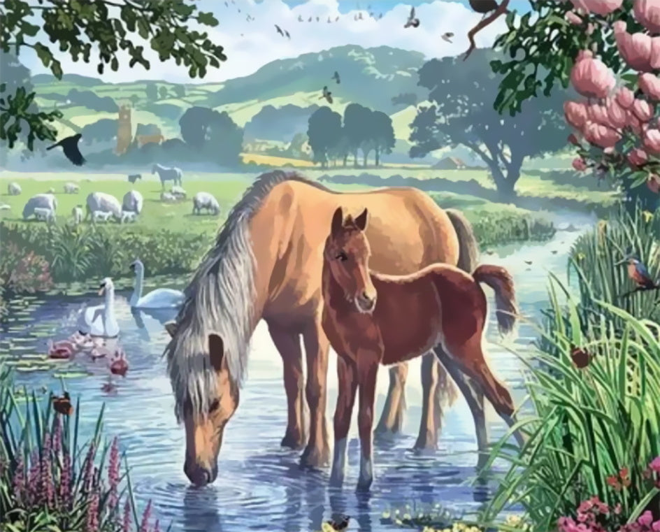 Paarden en Witte Ganzen bij Beek in de Lente Schilderen op Nummers