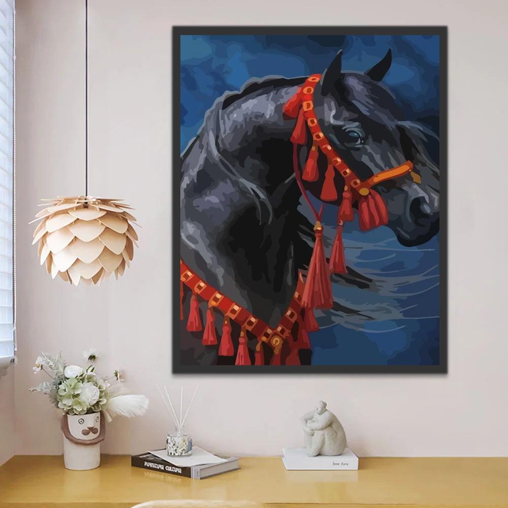 Paarden met Rode Touwen Schilderen op Nummers