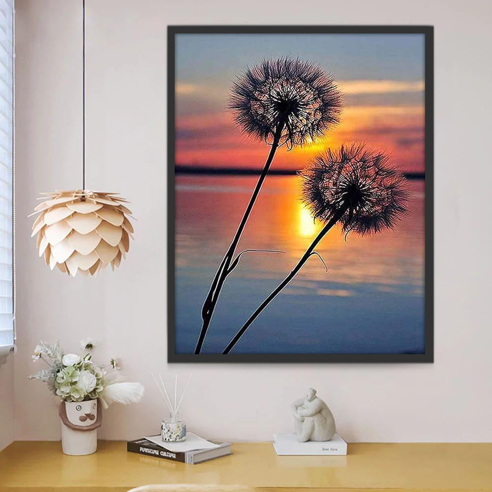 Paardenbloemen bij het Meer bij Zonsondergang Schilderen op Nummers