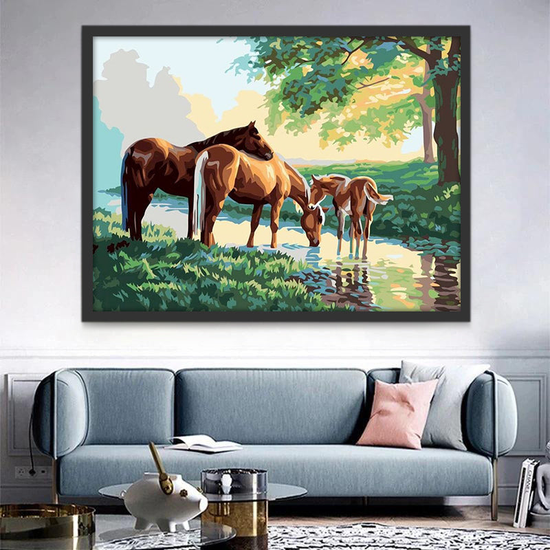 Paardenfamilie bij de Rivier Schilderen op Nummers