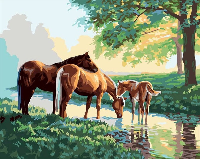 Paardenfamilie bij de Rivier Schilderen op Nummers