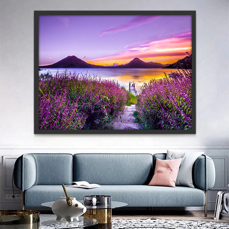 Paarse Bloemen bij het Meer onder een Paarse Hemel Schilderen op Nummers