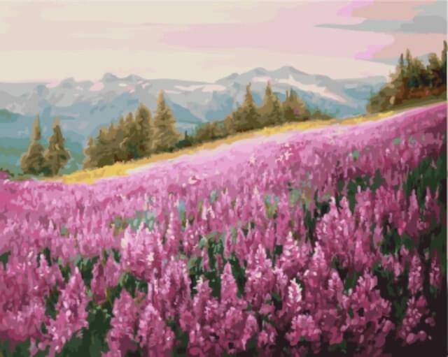 Paarse Bloemen en Bergen Schilderen op Nummers