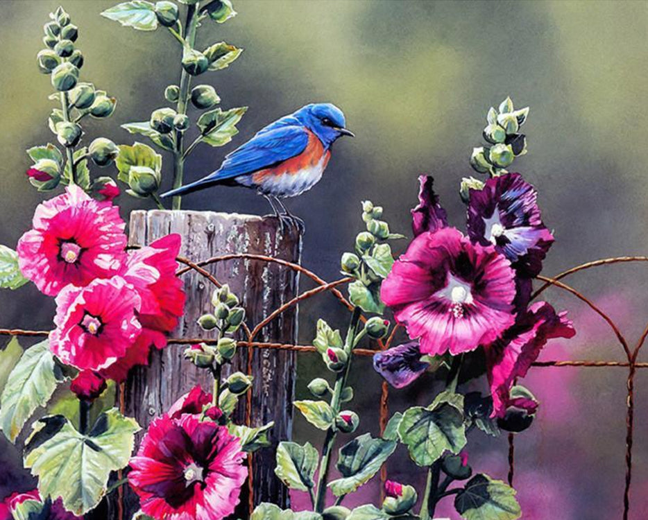 Paarse Bloemen en Blauwe Vogel op de Heg Schilderen op Nummers