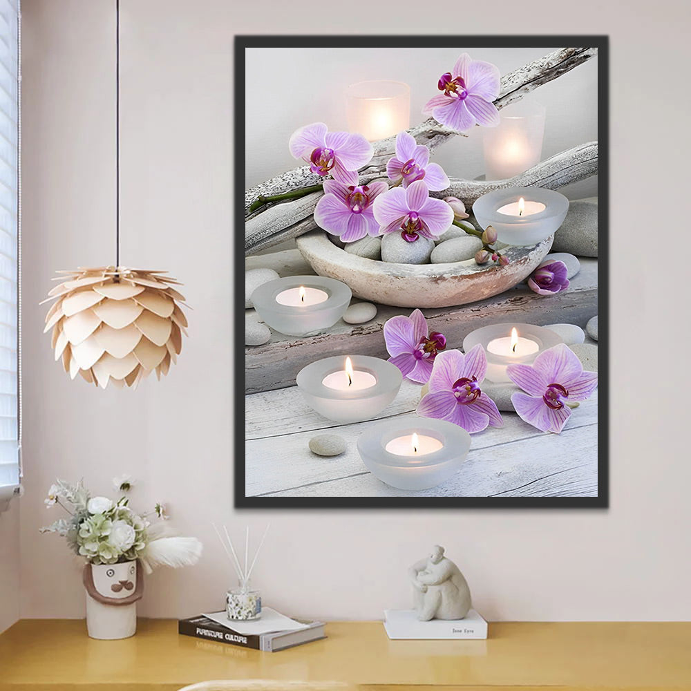 Paarse bloemen en kaarsen Schilderen op Nummers