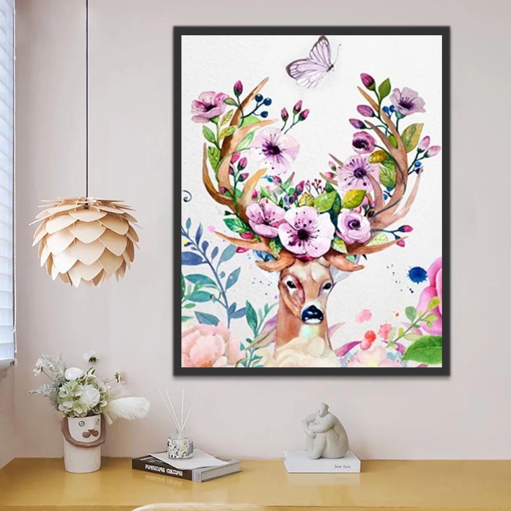 Paarse Bloemen en Vlinder op een Hertenkop Schilderen op Nummers