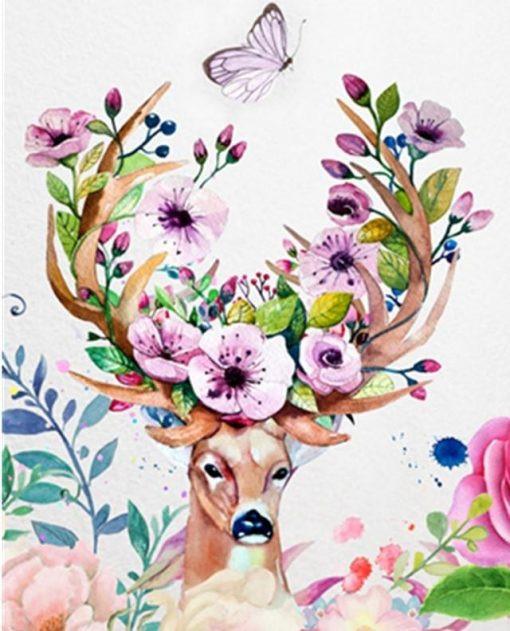 Paarse Bloemen en Vlinder op een Hertenkop Schilderen op Nummers
