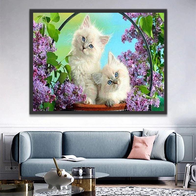 Paarse Bloemen en Witte Katten Schilderen op Nummers