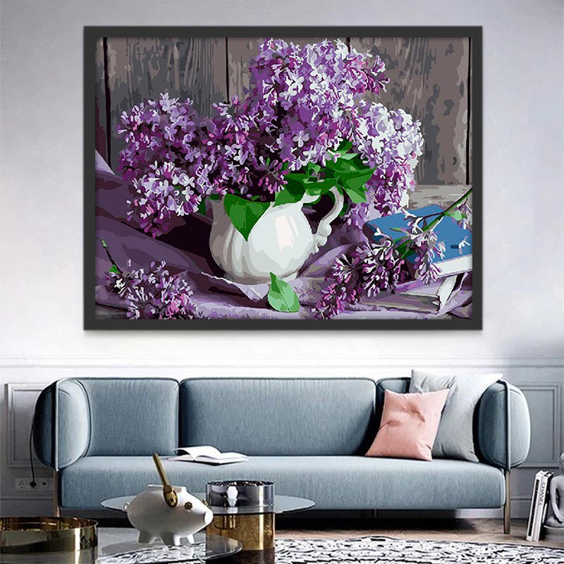 Paarse Bloemen in Een Witte Vaas Schilderen op Nummers