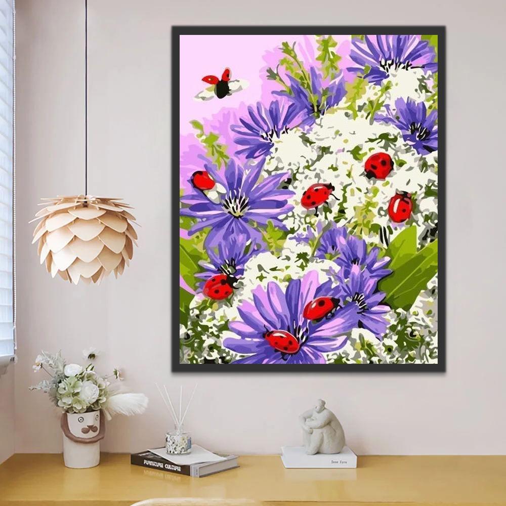 Paarse Chrysanten en Lieveheersbeestjes Schilderen op Nummers