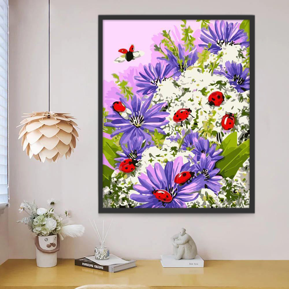 Paarse Chrysanten en Lieveheersbeestjes Schilderen op Nummers