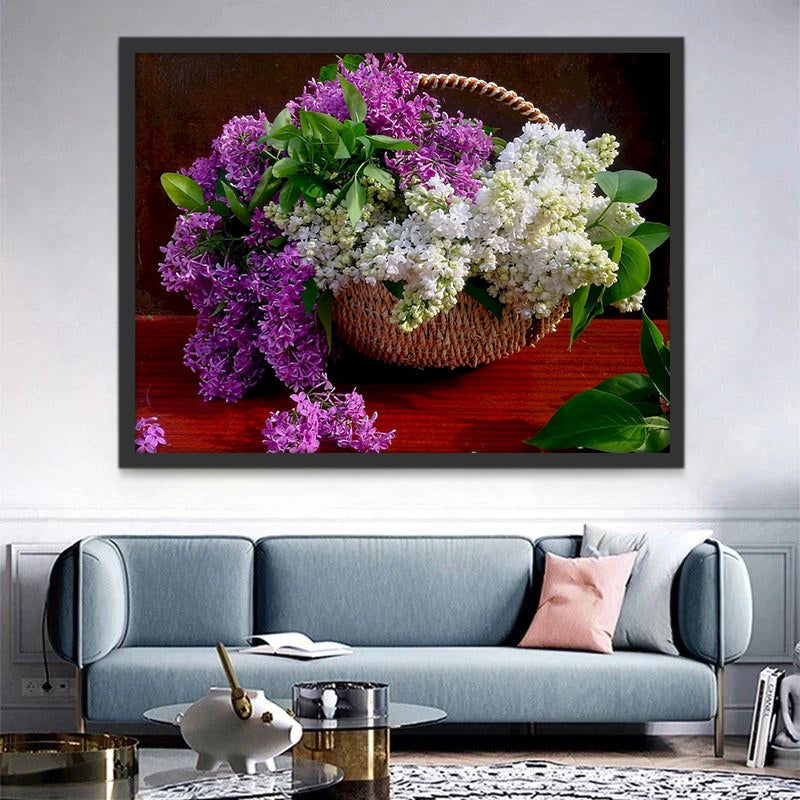 Paarse en Witte Bloemen in een Mand Schilderen op Nummers