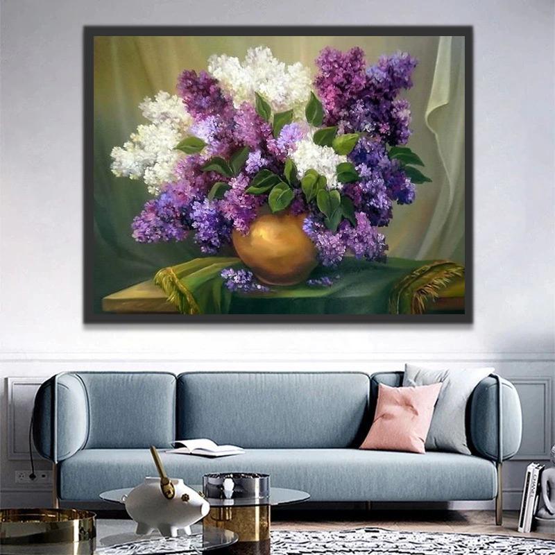 Paarse en Witte Bloemen op een Groen Tafelkleed Schilderen op Nummers