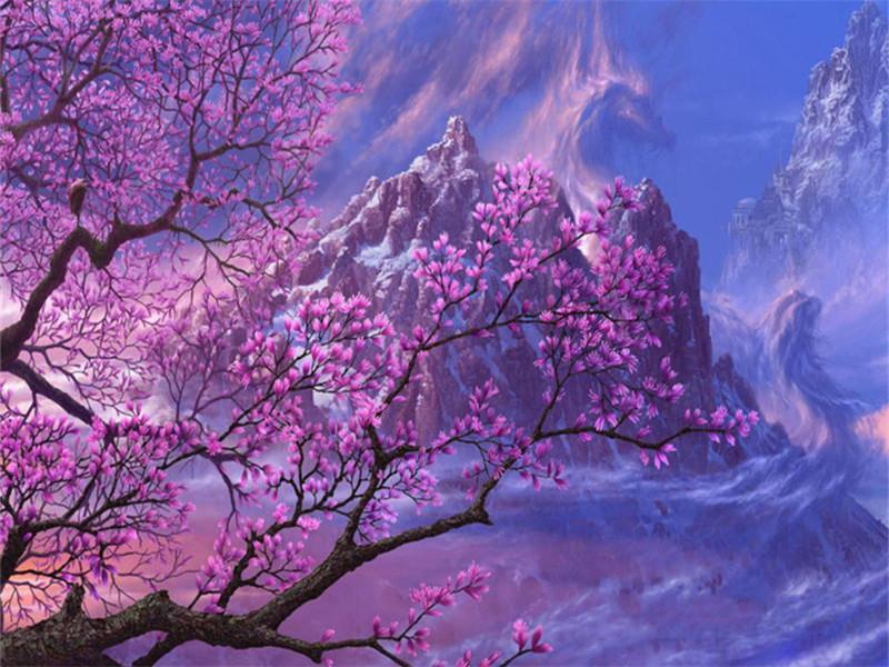 Paarse Magnolia's en Bergen Schilderen op Nummers