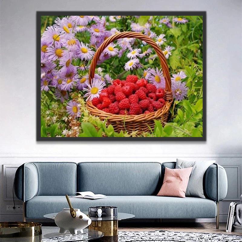 Paarse Margrieten en een Mandje Frambozen Schilderen op Nummers
